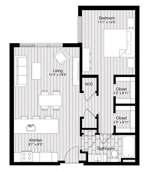 Floor plan for 1 bed, 1 bath, 798 sqft
